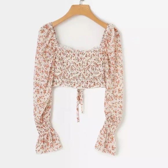 CLEARANCE Floral Smocked Chiffon Off Shoulder Crop Top - Picture 4 of 7
